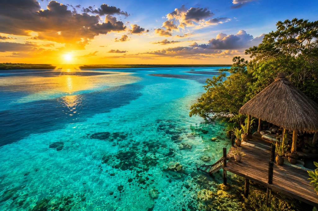 Laguna de Bacalar con palapa y atardecer dorado