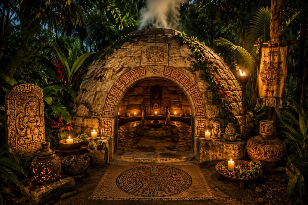 Temazcal de piedra maya con grabados y velas encendidas
