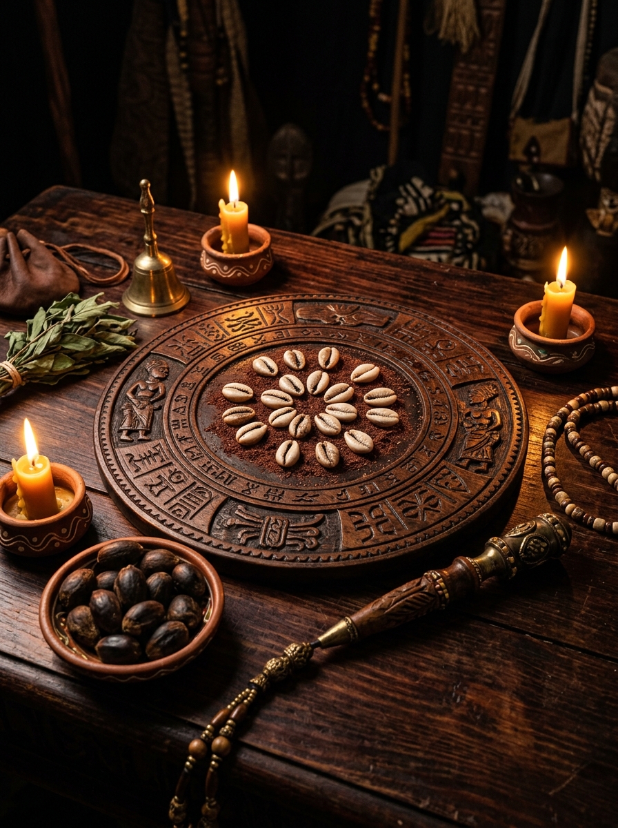 Tablero de Ifá con ikines y caracoles para consulta espiritual