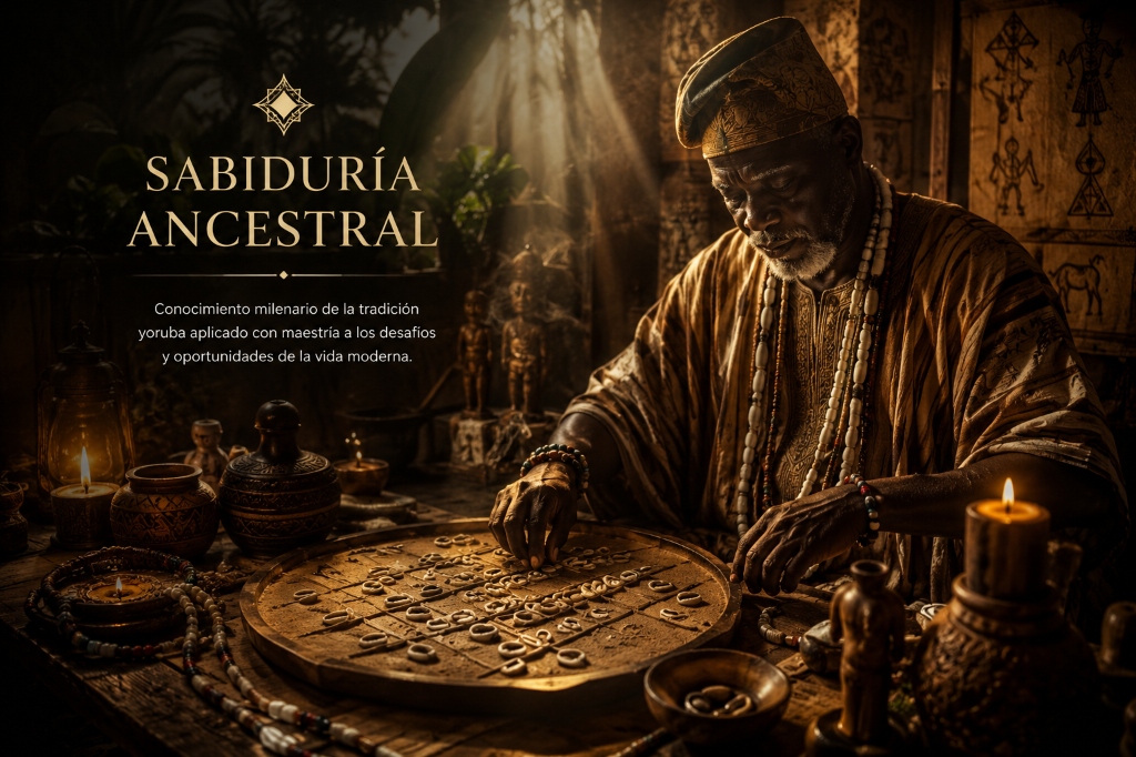 Babalawo realizando consulta de Ifá con tablero sagrado