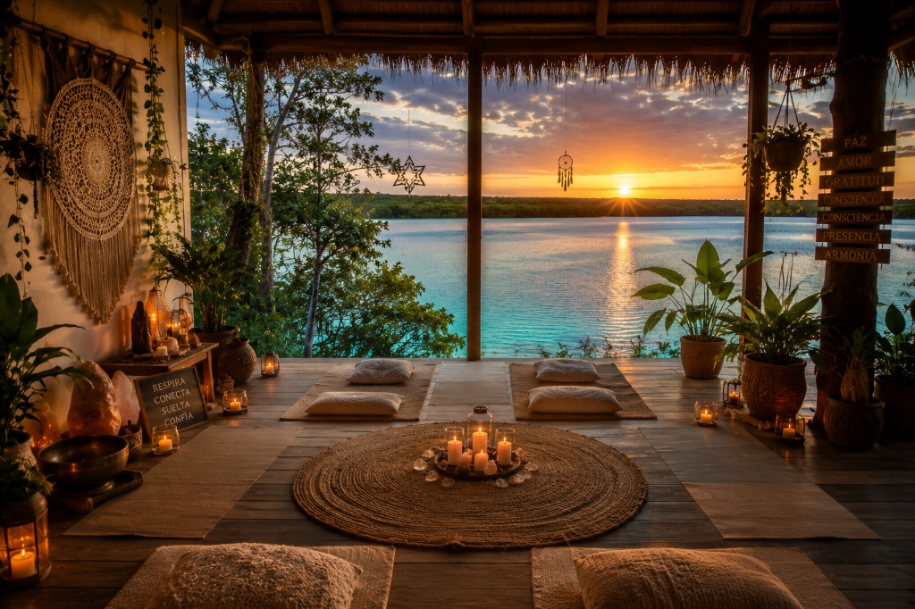 Espacio sagrado de meditación con vista a la laguna al atardecer